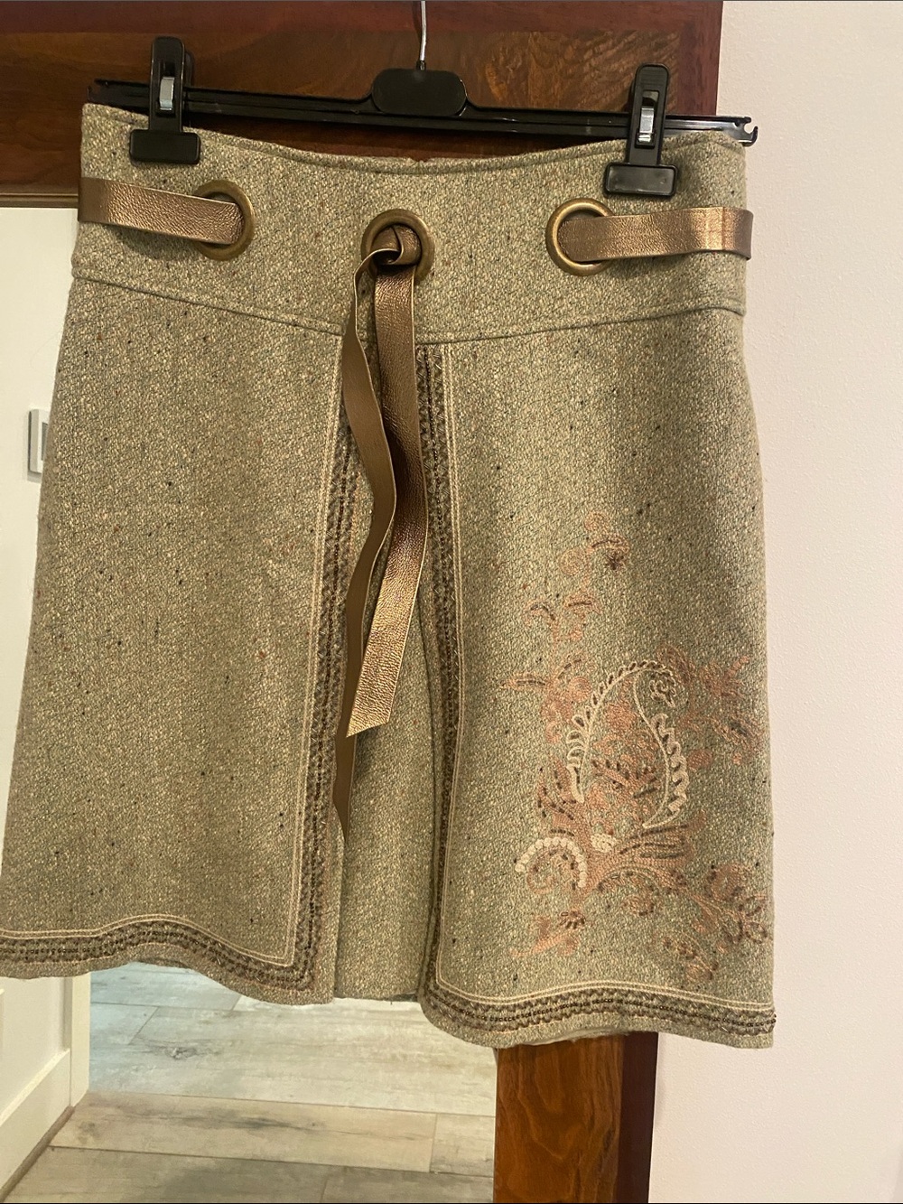 Arden B Metallic Taupe A-Line Skirt with Embroidered Detail
